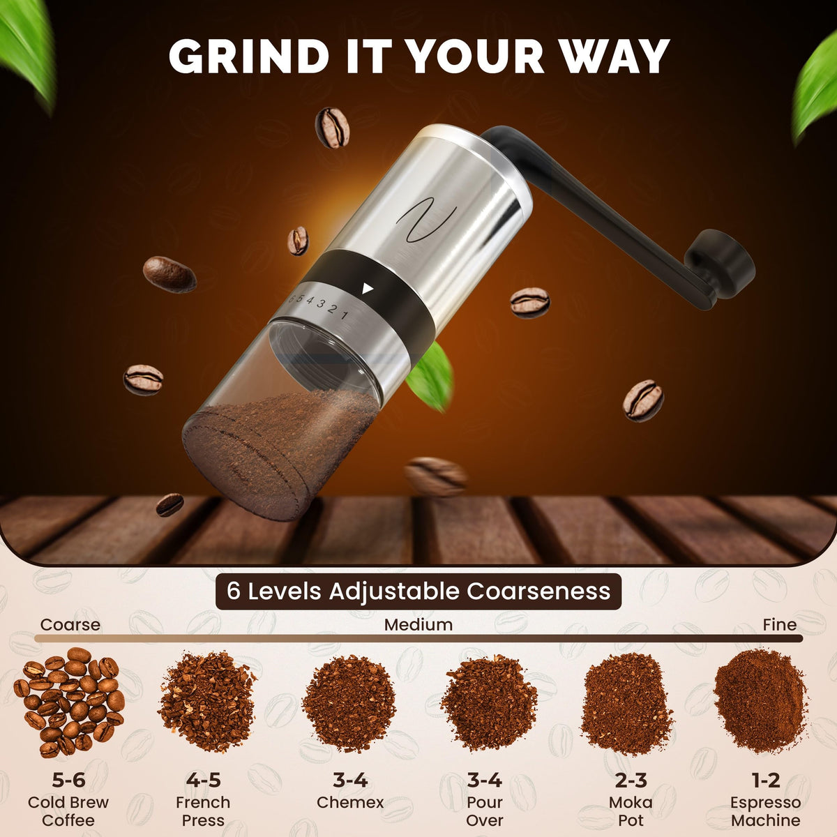Manual Stainless Steel Hand Crank Burr Coffee Grinder L527