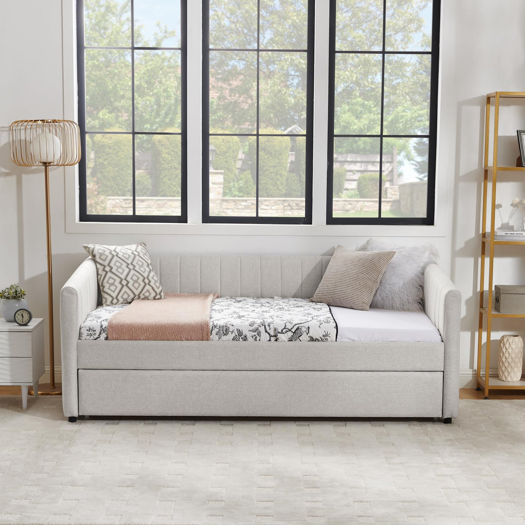 Beige Linen Twin Size Daybed with Trundle X92573