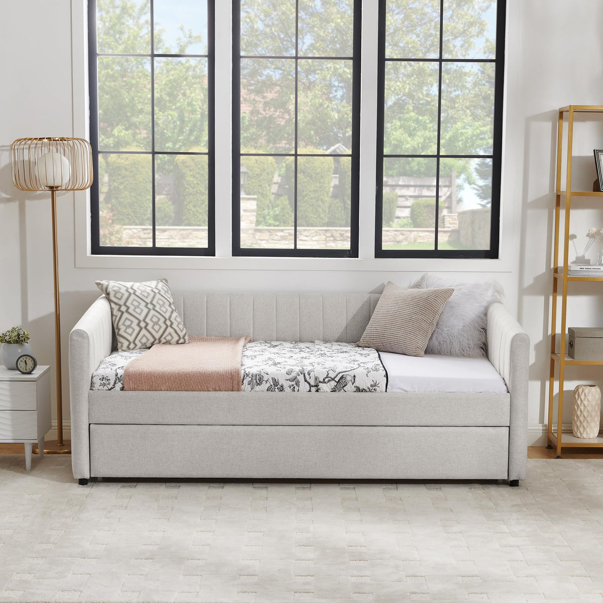 Beige Linen Twin Size Daybed with Trundle X92573