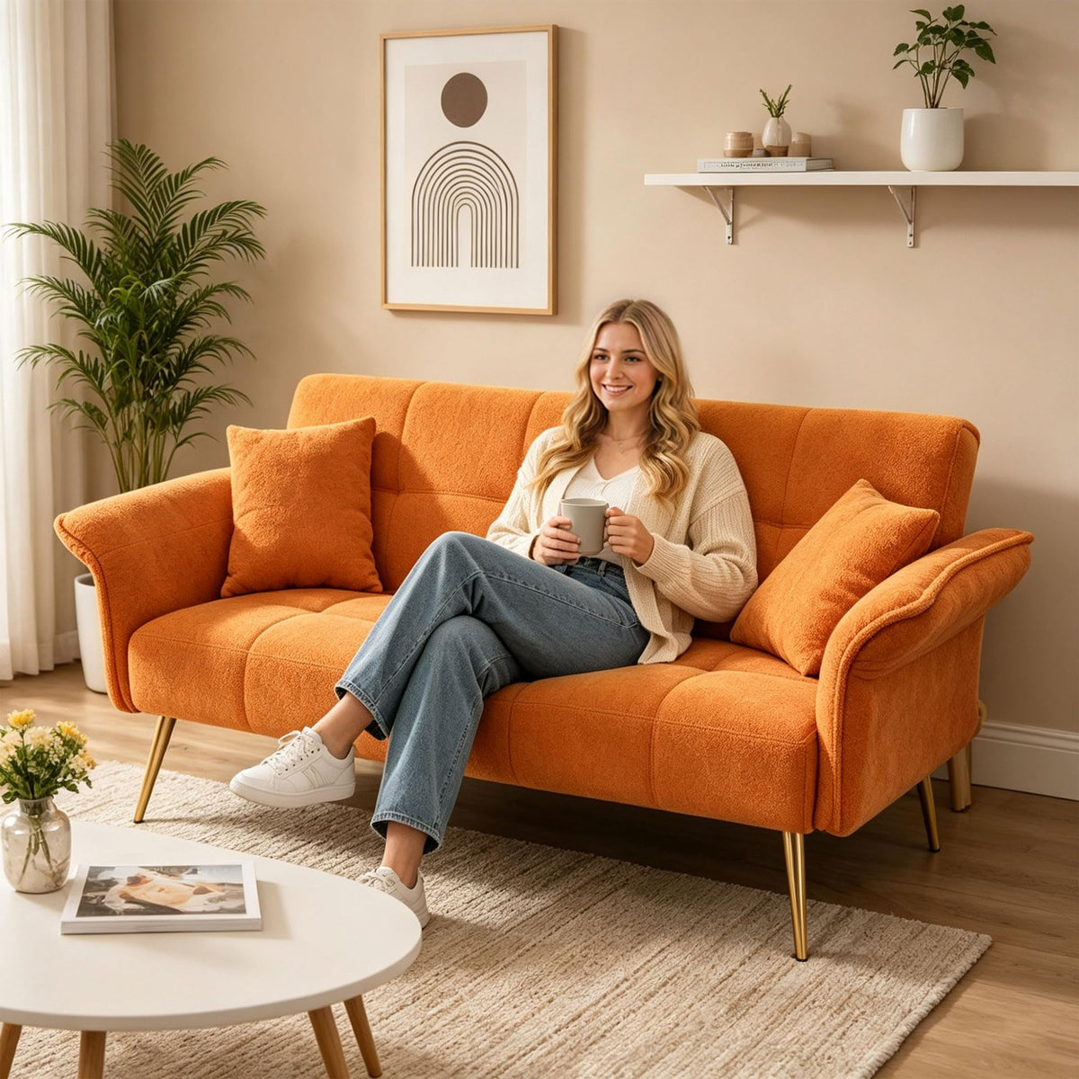 Orange Velvet 2 Seater Futon Sofa Bed Z80615
