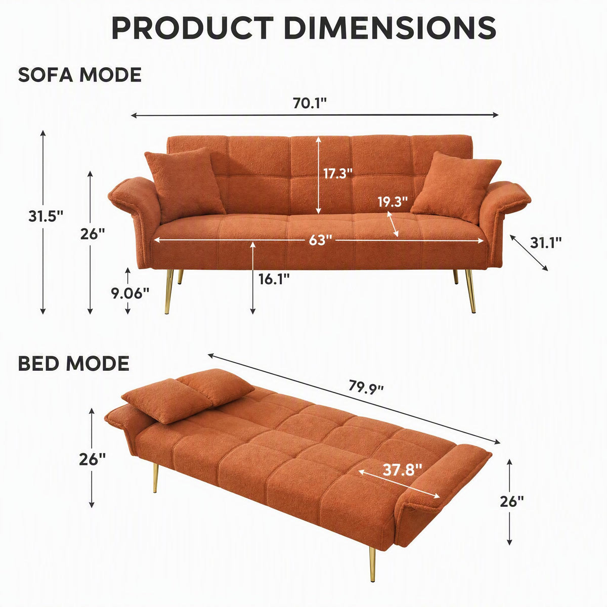 Orange Velvet 2 Seater Futon Sofa Bed Z80615