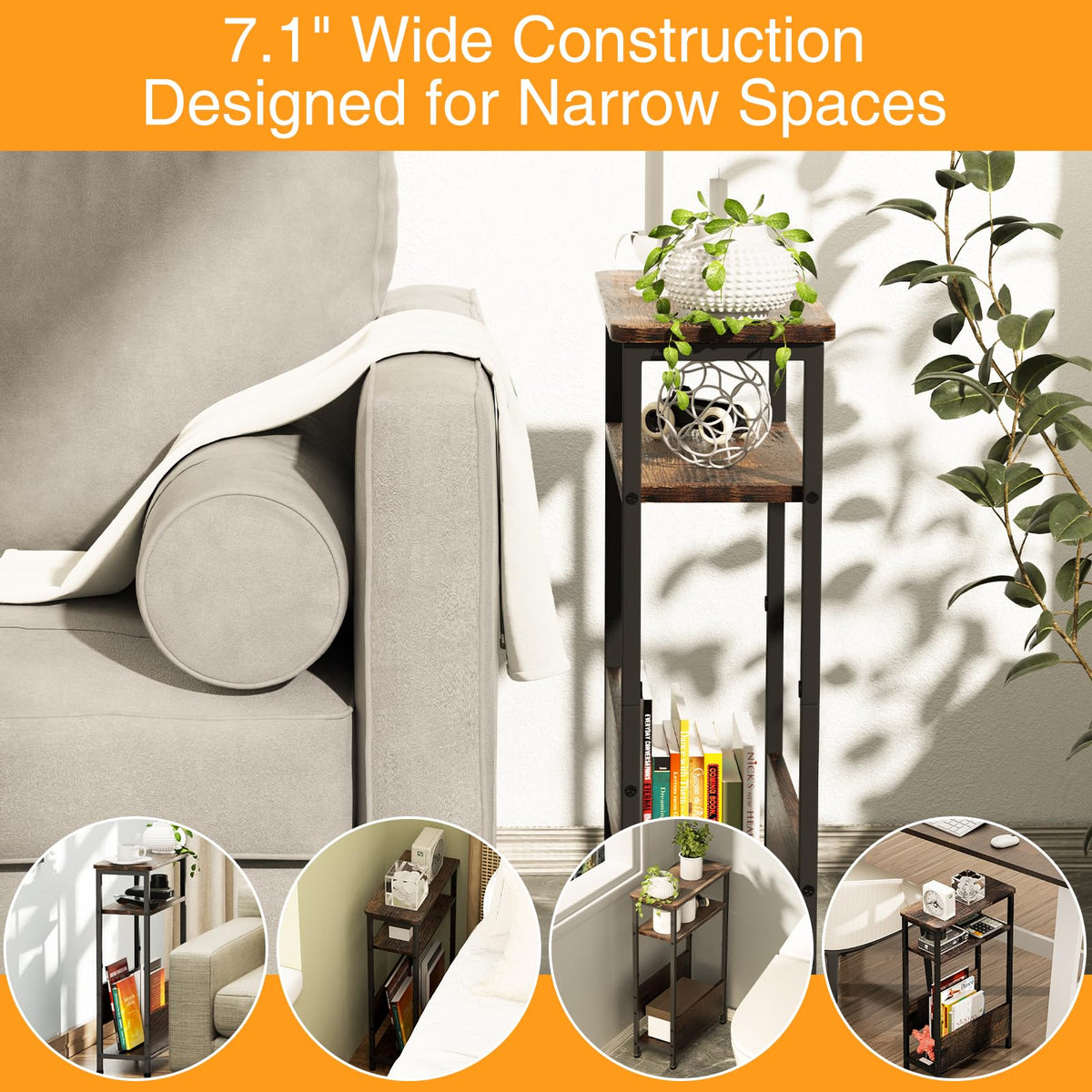 7.1" Narrow 3 Tier Side Table with Magazine Holder L215