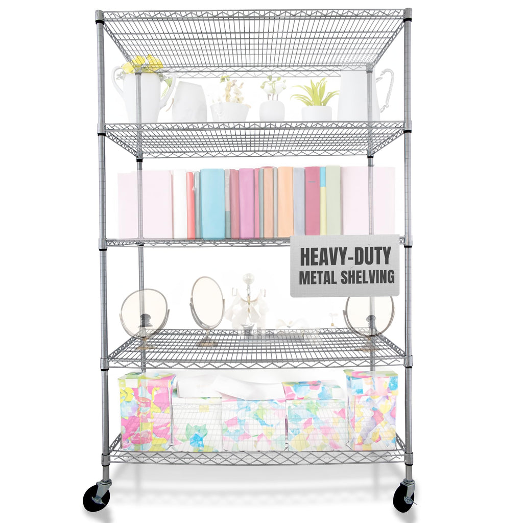 Heavy Duty 5-Tier Chrome Wire Shelving Rack with Casters A844