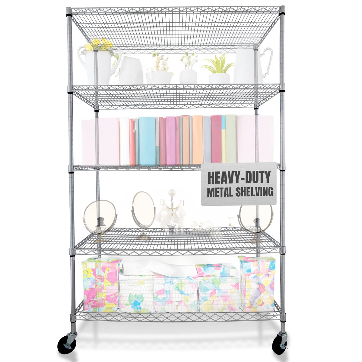 Heavy Duty 5-Tier Chrome Wire Shelving Rack with Casters A844