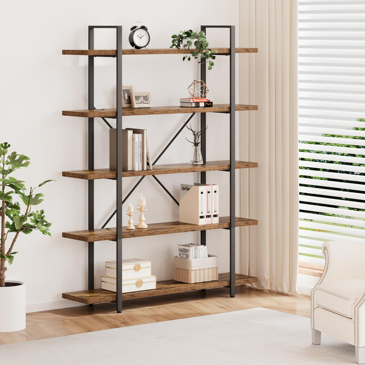 Rustic Brown 5 Shelf Wood Bookshelf W8527