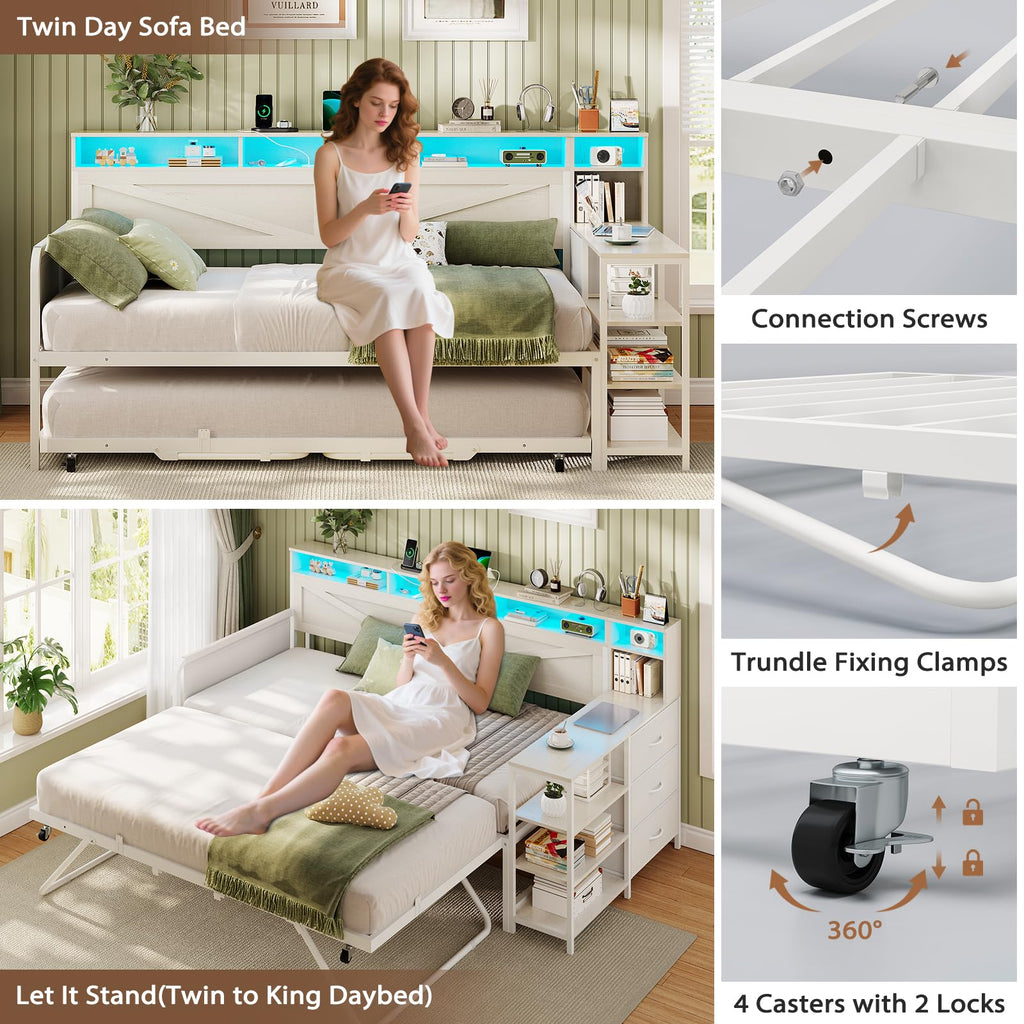 White Twin Wood Daybed with Trundle and 3 Storage Drawers W409853