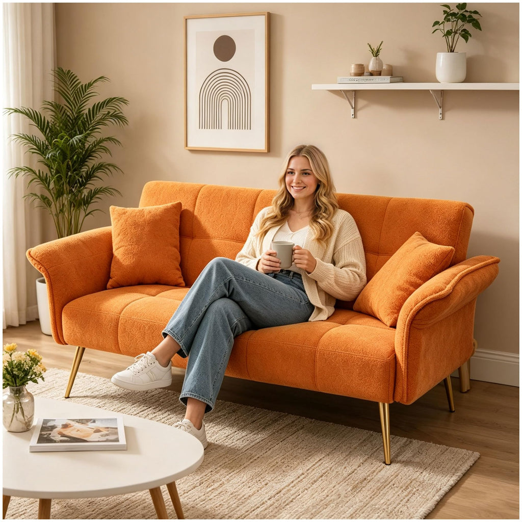 Orange Velvet 2 Seater Futon Sofa Bed Z80615