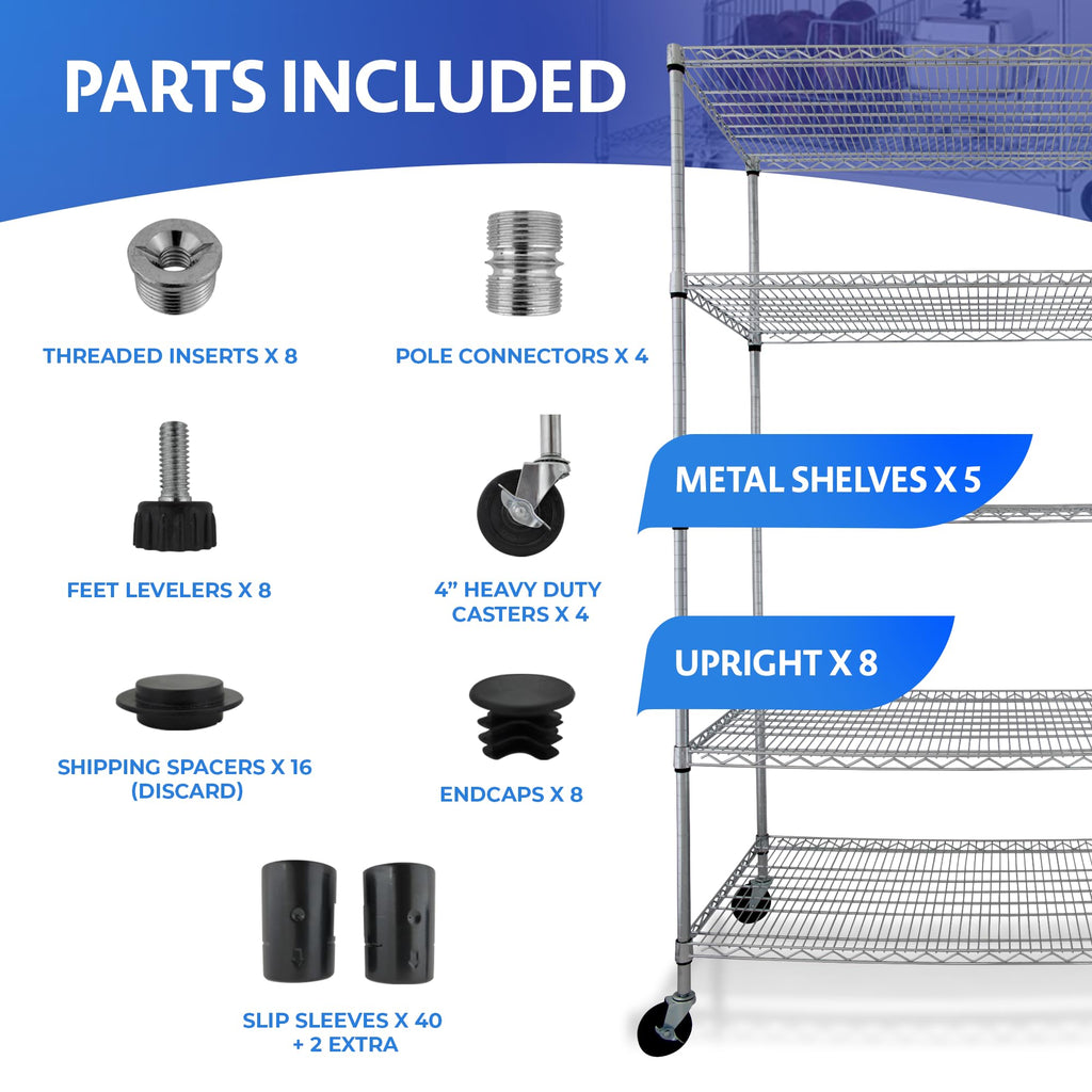 Heavy Duty 5-Tier Chrome Wire Shelving Rack with Casters A844
