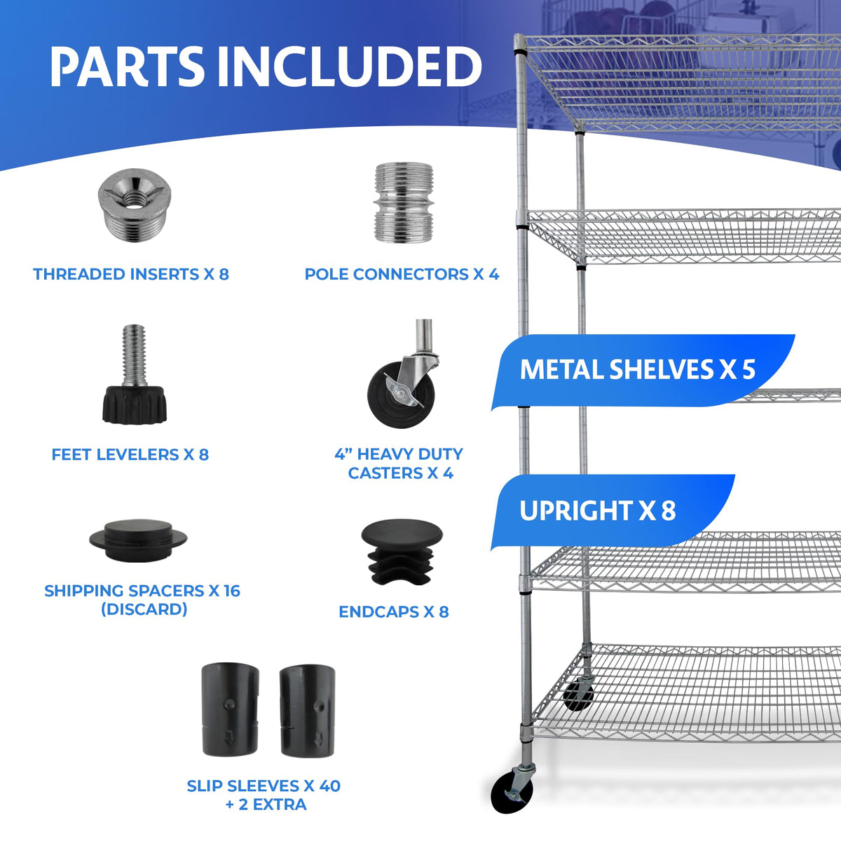 Heavy Duty 5-Tier Chrome Wire Shelving Rack with Casters A844