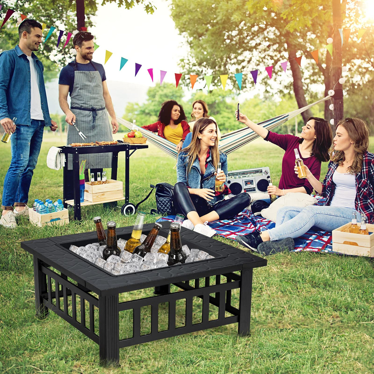 32 inch 3 in 1 Wood Burning Fire Pit Table with BBQ Grill Q485361