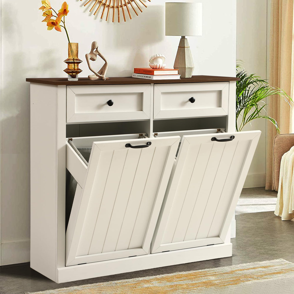 White 22 Gallon Wooden Laundry Hamper Cabinet with 2 Drawers I985872