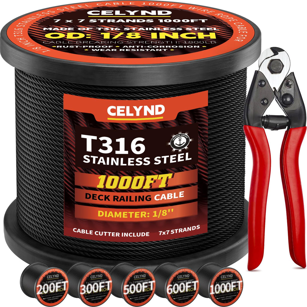 Black 1000FT 1/8" T316 Stainless Steel Cable Q622