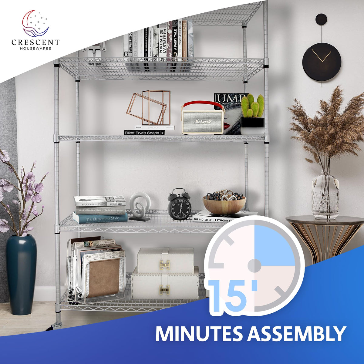 Heavy Duty 5-Tier Chrome Wire Shelving Rack with Casters A844