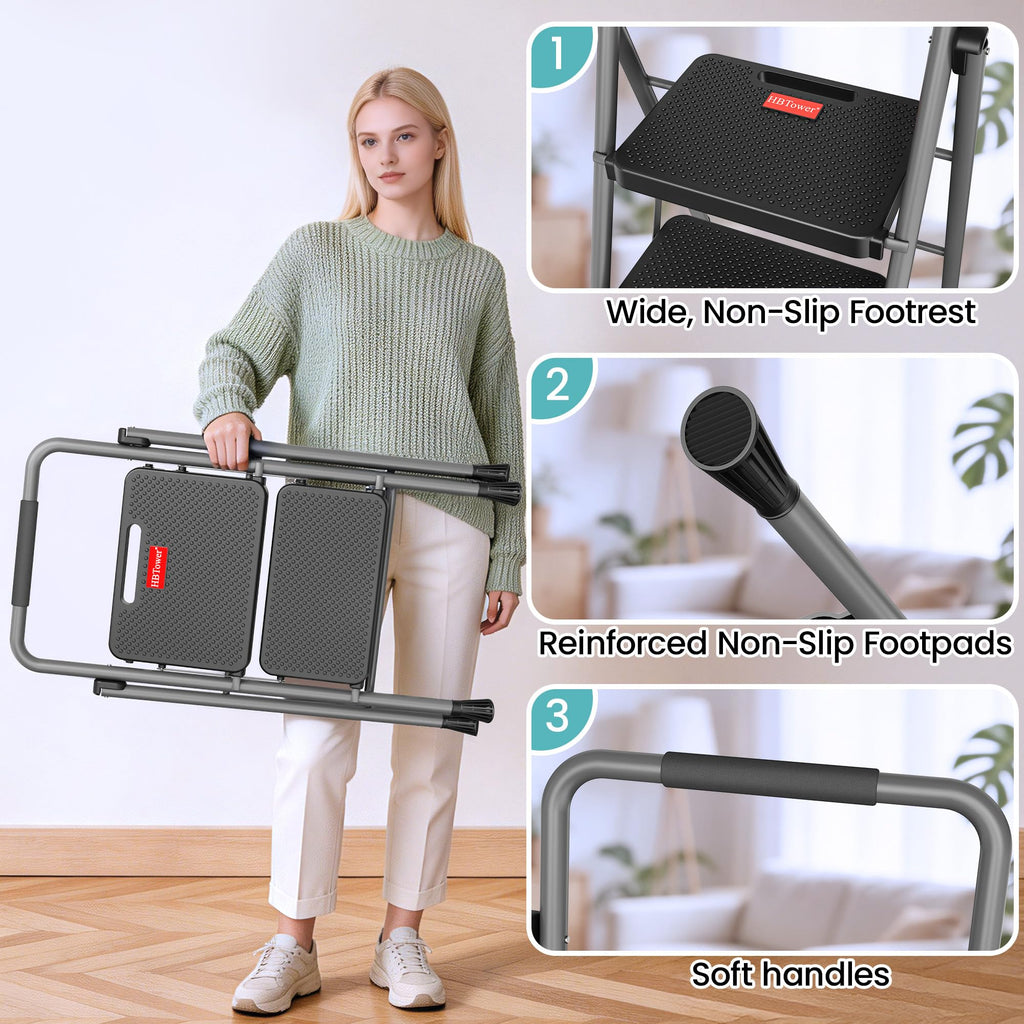 2 Step Folding Step Ladder 300 lbs Capacity with Handrail Gray Y9294