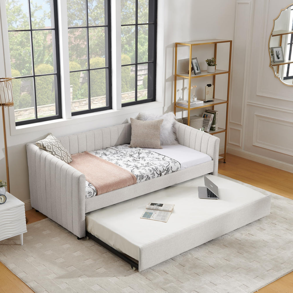 Beige Linen Twin Size Daybed with Trundle X92573