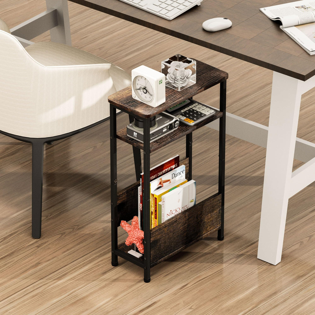 7.1" Narrow 3 Tier Side Table with Magazine Holder L215