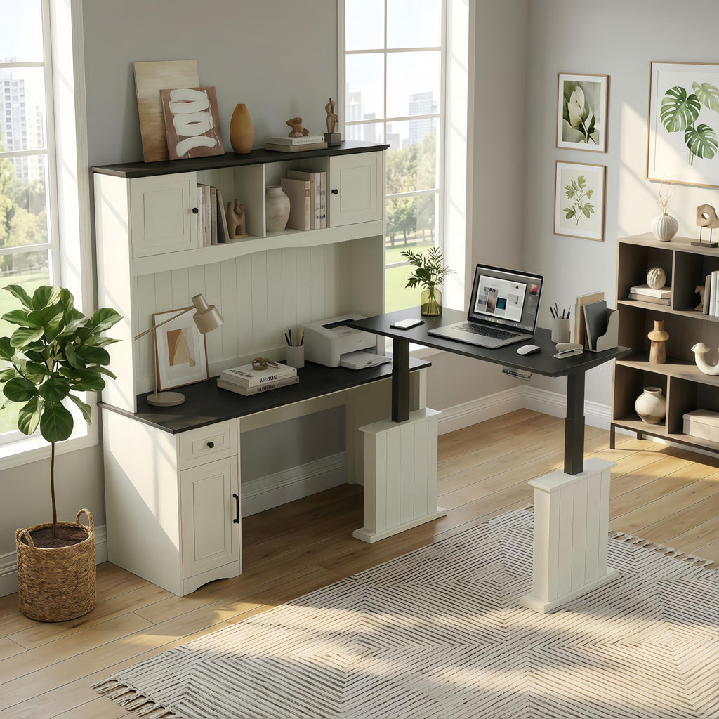 L Shaped Electric Standing Desk with Hutch and Drawers, Antique White L563864