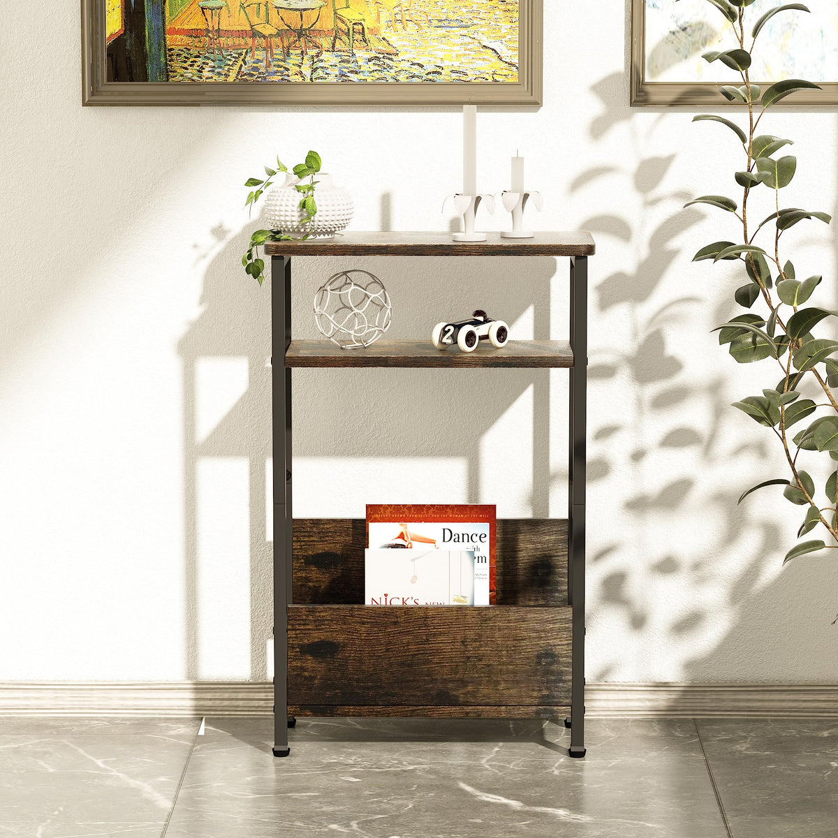 7.1" Narrow 3 Tier Side Table with Magazine Holder L215